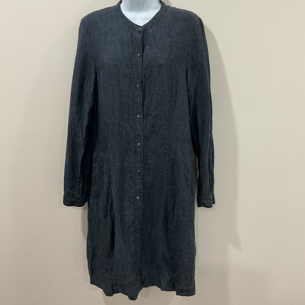 Eileen Fisher Linen Shirt Dress Women S Chambray Gray Roll Tab Coastal Office
